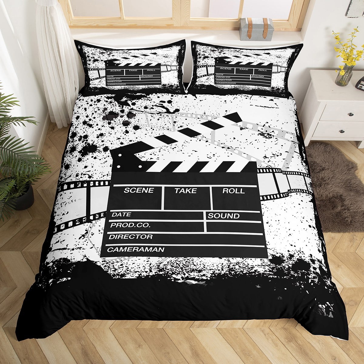 YST Vintage Movie Theatre Bedding Sets Queen Retro Cinema Comforter Cover, Old Filmstrip