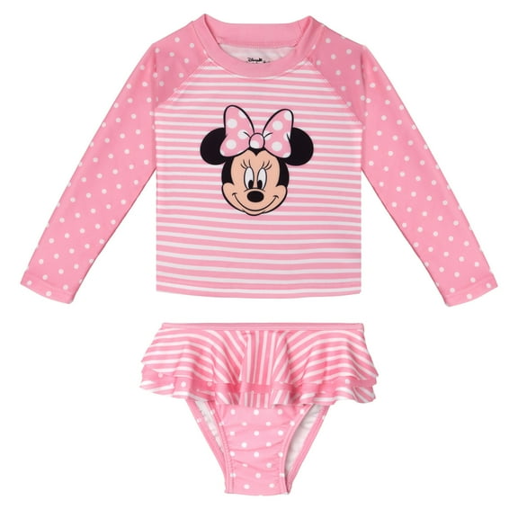 Disney Minnie Mouse Raglan Rash Guard and Ruffle Bikini Bottom UPF 50  Swim Set Polka Dots Newborn to Toddler