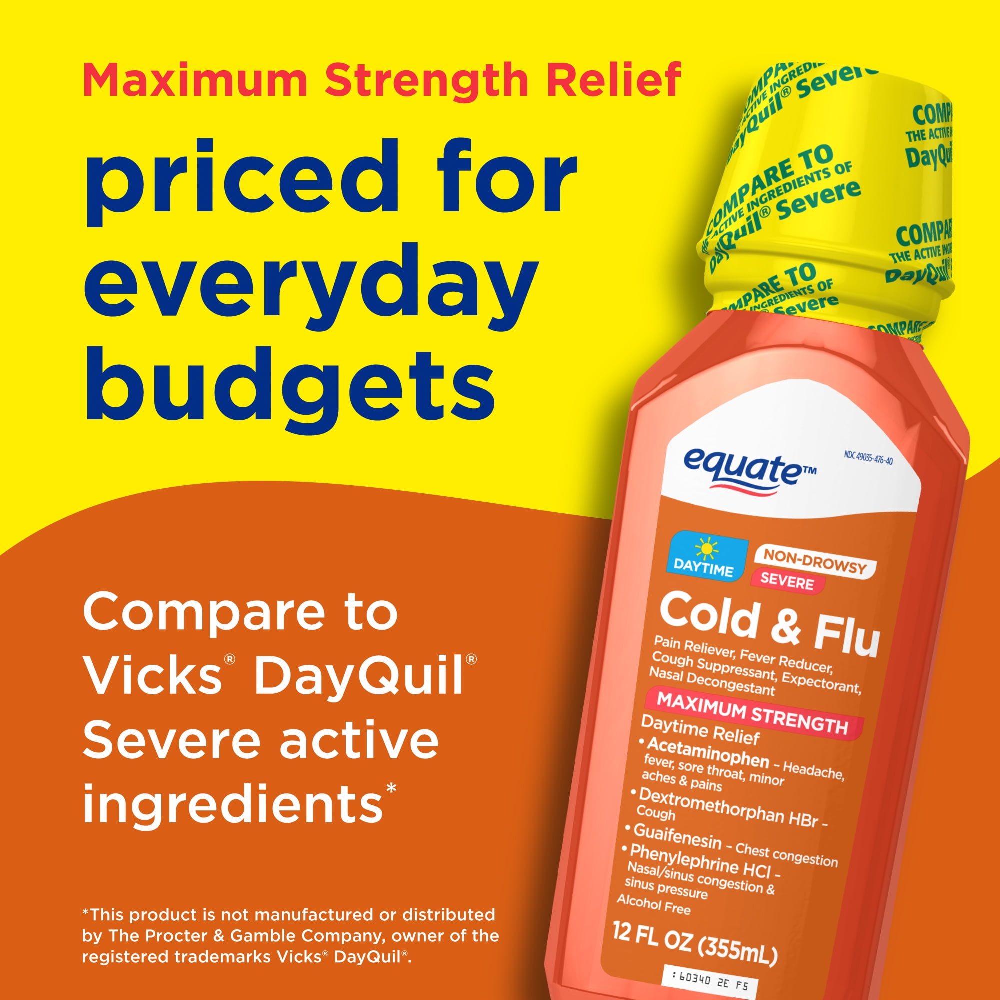 Equate Non Drowsy Daytime Severe Cold & Flu Liquid, Original Flavor, 12 Fl Oz, Cold and Flu Medicine for Adults and Children 6 and over, Compare to Vicks® DayQuil® Severe Active Ingredients