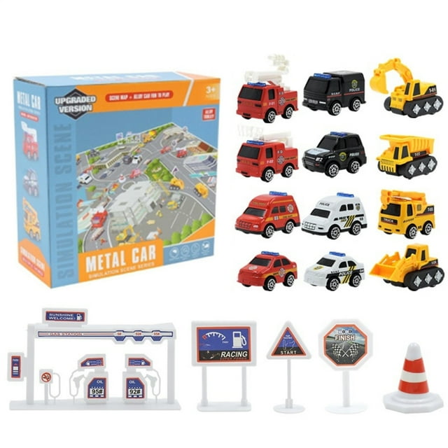 Juguetes de coche con tapete de juego, juego de vehículos urbanos, aleación, mini vehículos extraíbles, juguetes, coches de policía, camiones de bomberos, coches de ingeniería para niños y niñas