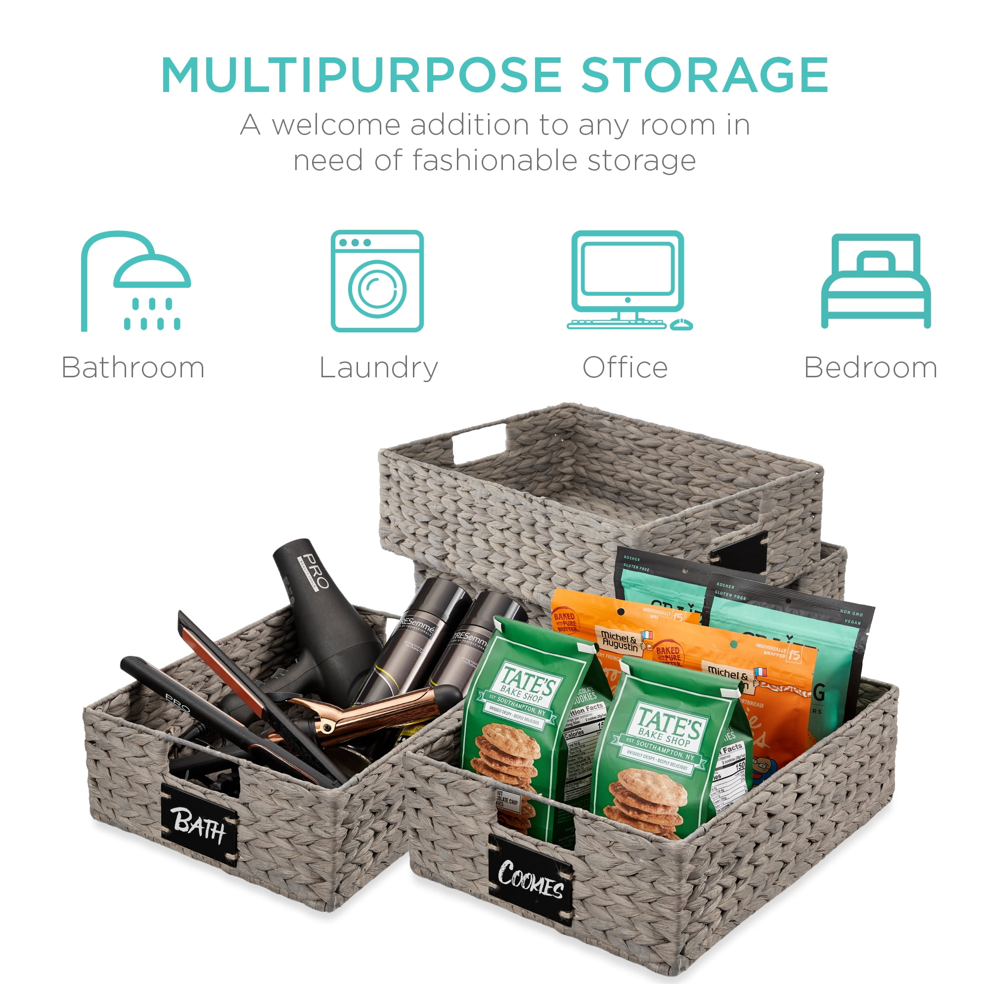 Best Choice Products Set of 4 16x12in Woven Water Hyacinth Pantry Baskets w/ Chalkboard Label, Chalk Marker - Gray
