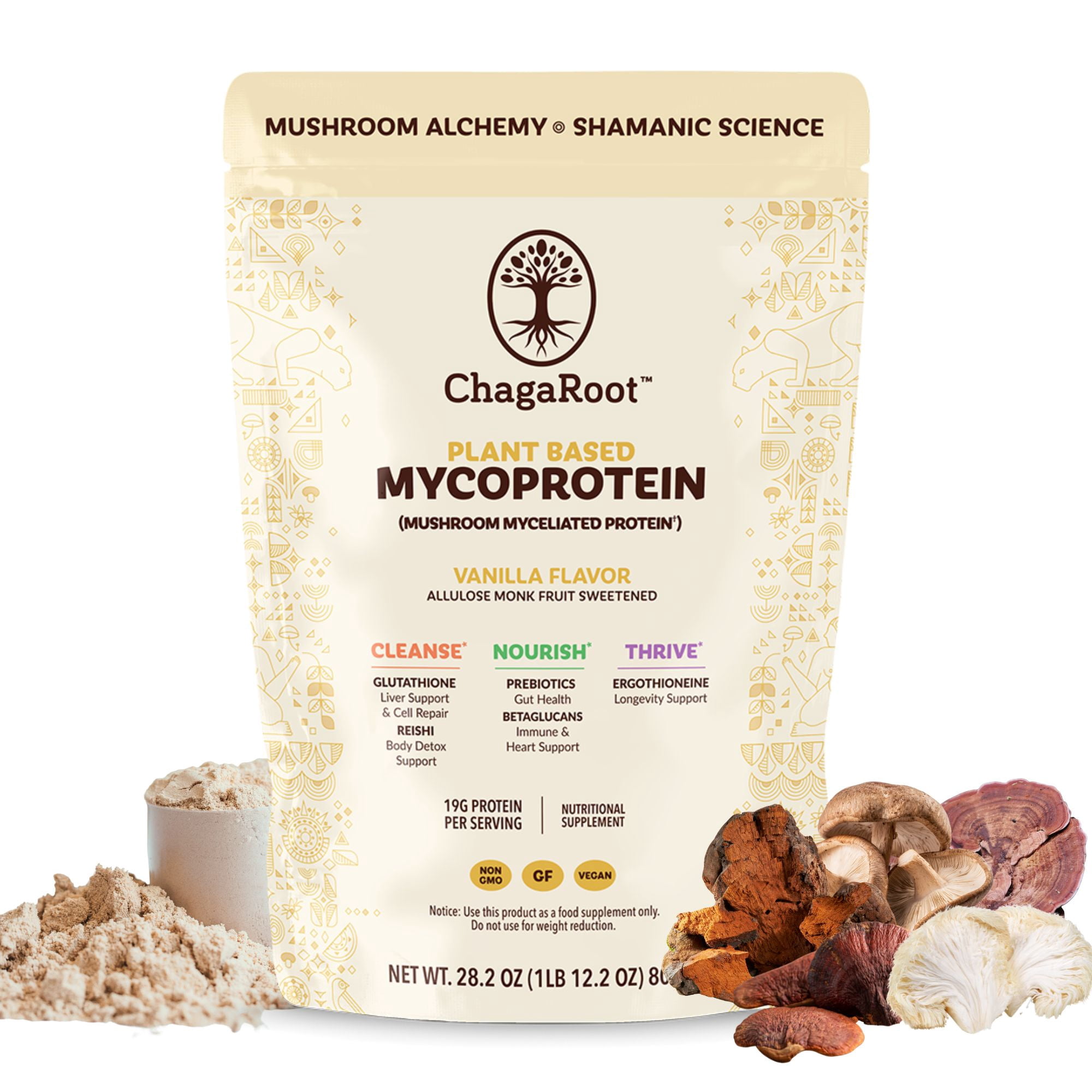 ChagaRoot Mycoprotein Mushroom Protein Powder Vanilla - Vegan, Plant-Based, Superfood Blend - 1.76 lb