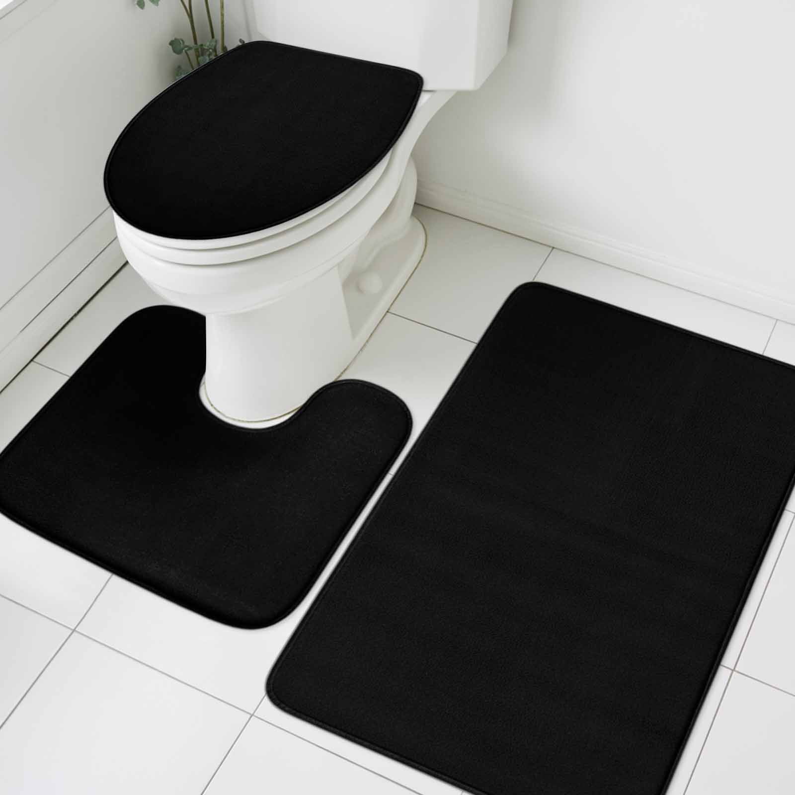 Black Bath Mat 3 Piece Bathroom Rug Set, Pure Black Non Slip Bath Rug Contour Mat and Toilet Lid Cover, Absorbent Shower Mats Soft Bath Rugs and Mats Sets