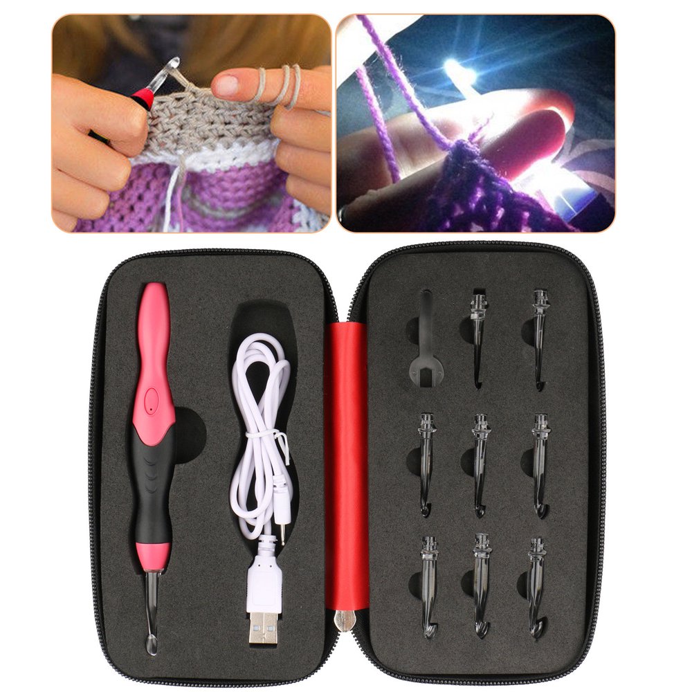 EEEkit 9 in 1 USB LED Lighted Crochet Hooks Set, Interchangeable Heads