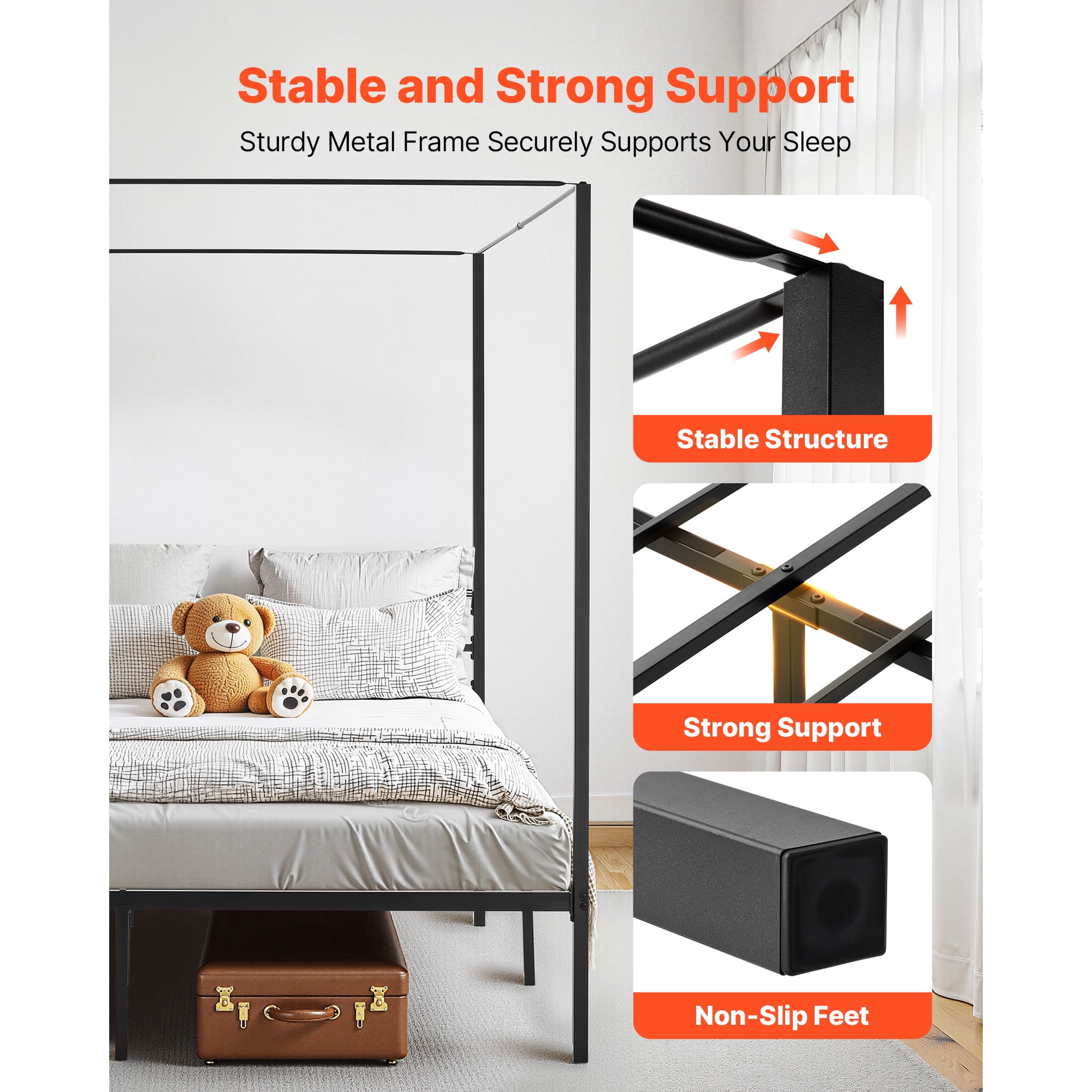 KFFKFF King Size Metal Canopy Bed Frame with Charging Station, Four-Post Design, Durable Steel Slats, Underbed Storage, No Box Spring Required, Simple Assembly, Black