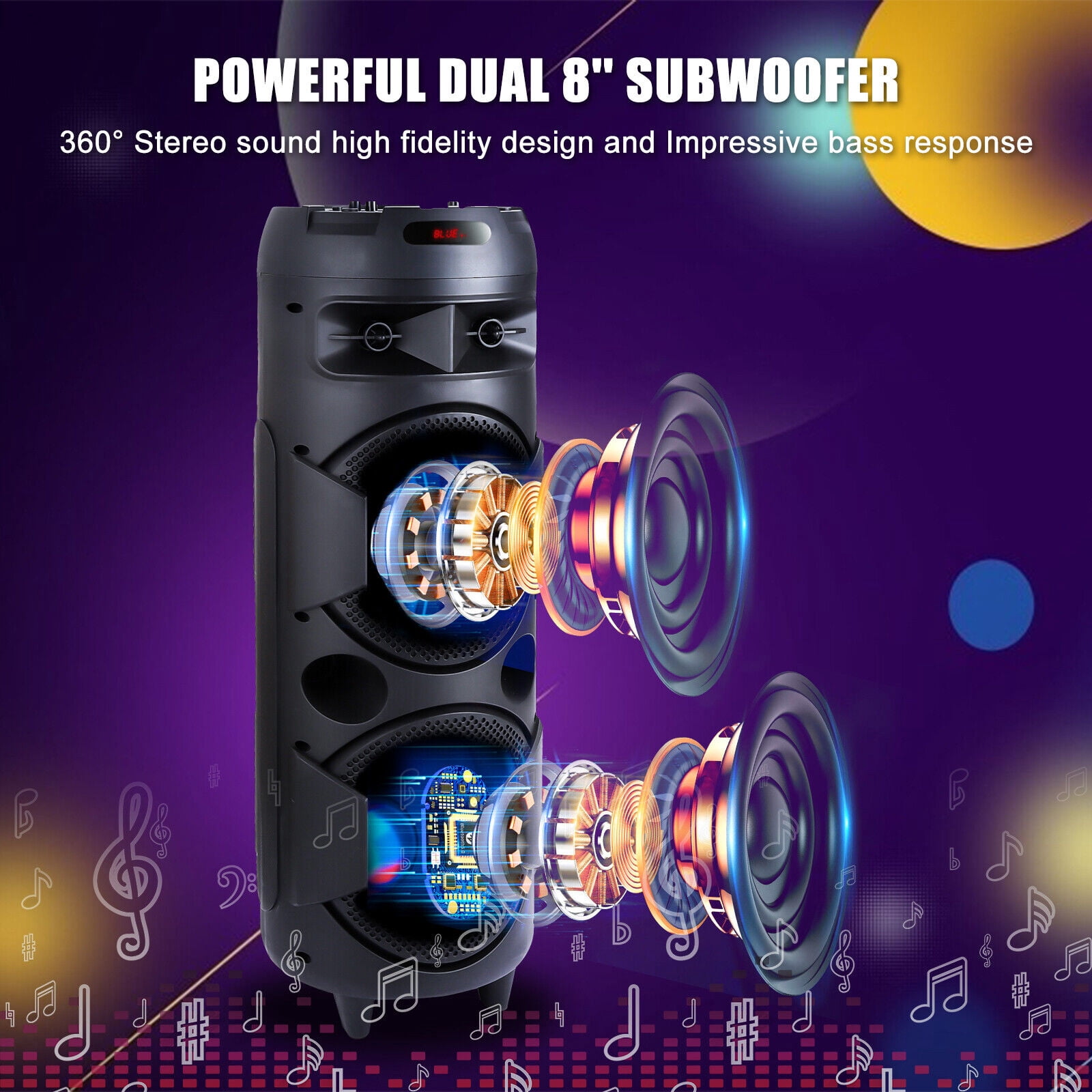BEYGO Portable Party Speaker with Double Subwoofer Heavy Bass,Bluetooth 5.0 Wireless Outdoor Speaker with Mic, Stereo Sound, for Home, Party, Support FM Radio, Black