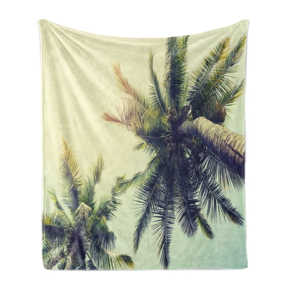 Palm Tree Soft Flannel Fleece Throw Blanket, Coconut Trees on Tropical Beach Caribbean Coastline Ocean Summer, Cozy Plush for Indoor and Outdoor Use, 50" x 70", Pale Yellow Green Brown, by Ambesonne