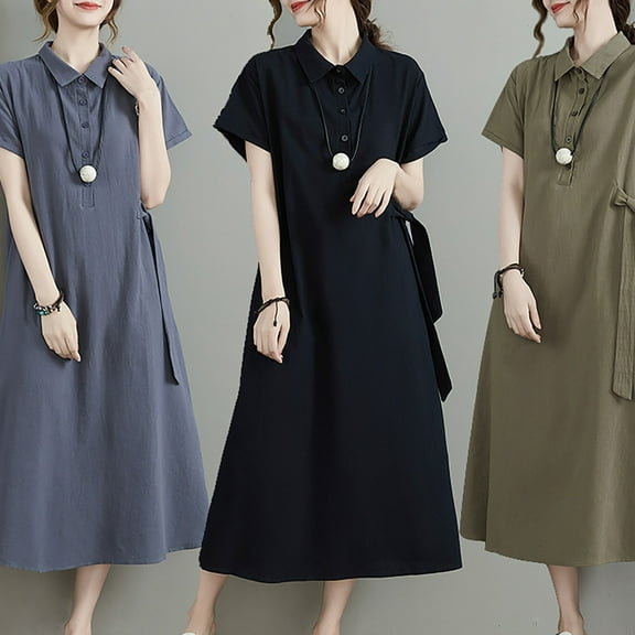 Fashion SMihono Plus Size Dresses for Curvy Women Loose Lapel Neck Short Sleeve Button Up Dress Tie Front Cotton Linen A Line Dress Black XXXXL