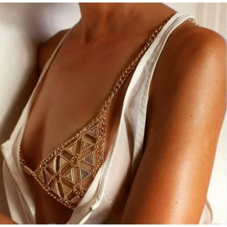 EOEMY 2023 Women Sexy Retro Geometric Triangle Necklace Bra Body Chain Jewelry-Gold