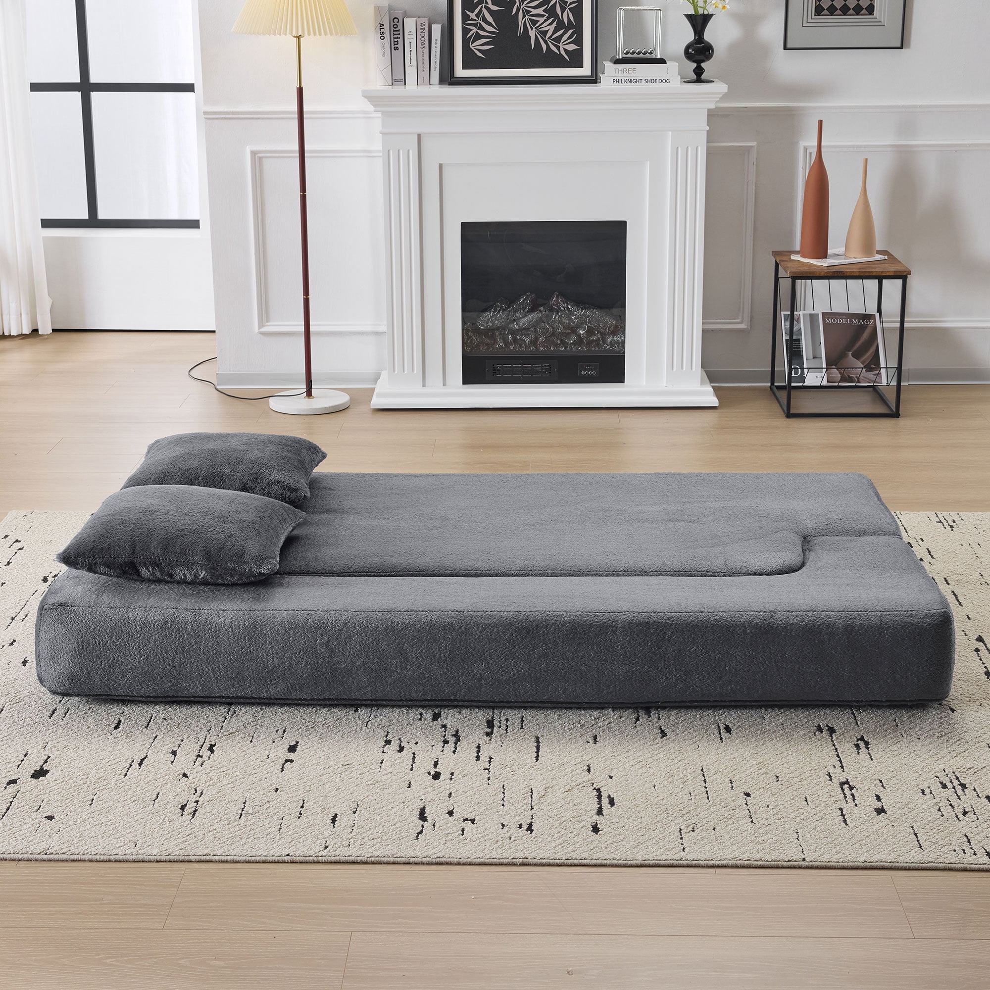 Jopath 75'' Futon Sofa Bed, Foldable Mattress Sofa Couch with Pillow Back & Armrest, Faux Fur Floor Couch Lounge Sleeper Sofa Bed for Living Room/Bedroom,No Assembly Required,Gray