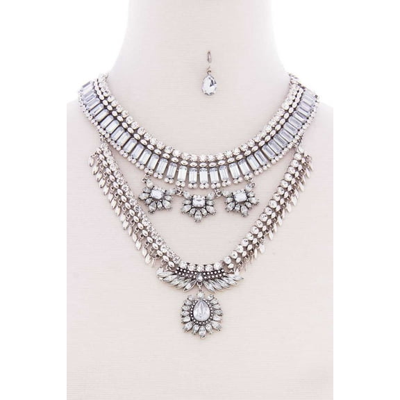 Chunky Antique Stone Boho Bohemian Statement Necklace Earring Set Silver
