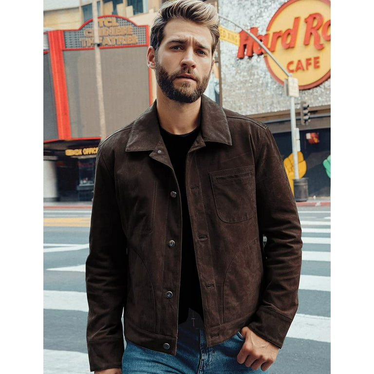 FLAVOR Men's Suede Leather Jacket Trucker Coat (Medium, Dark