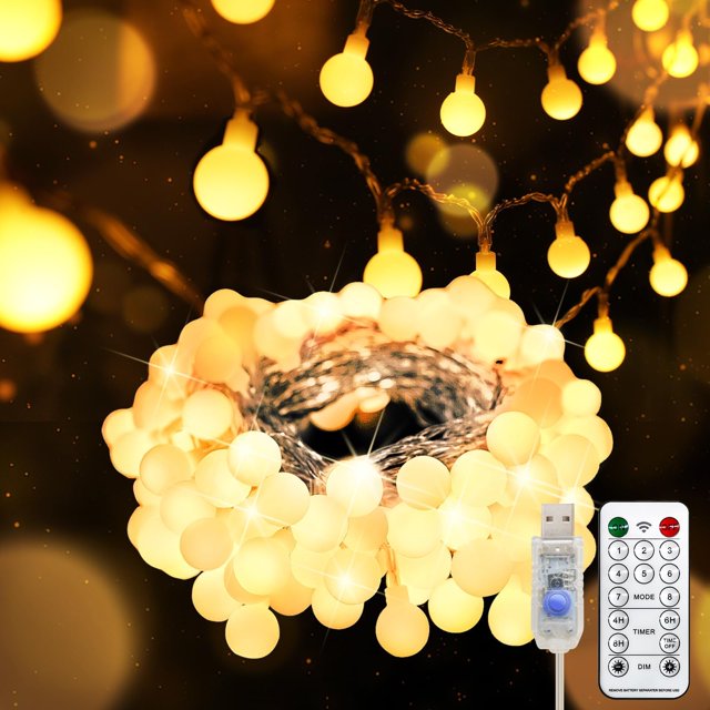 Control remoto USB String Lights Suddus Globe de 100 LED, blanco cálido