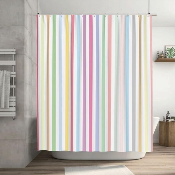 Pastel Colors Pinstripe Shower Curtain Striped Vertical Pastel Colorful Rainbow Pattern Duty Fabric Shower Curtain Set Bathroom Polyester Waterproof with Hooks 72"W x 72"L (Pack of 1)