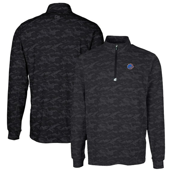Men's Cutter & Buck Black Boise State Broncos Traverse Camo Print Stretch Quarter-Zip Pullover Top