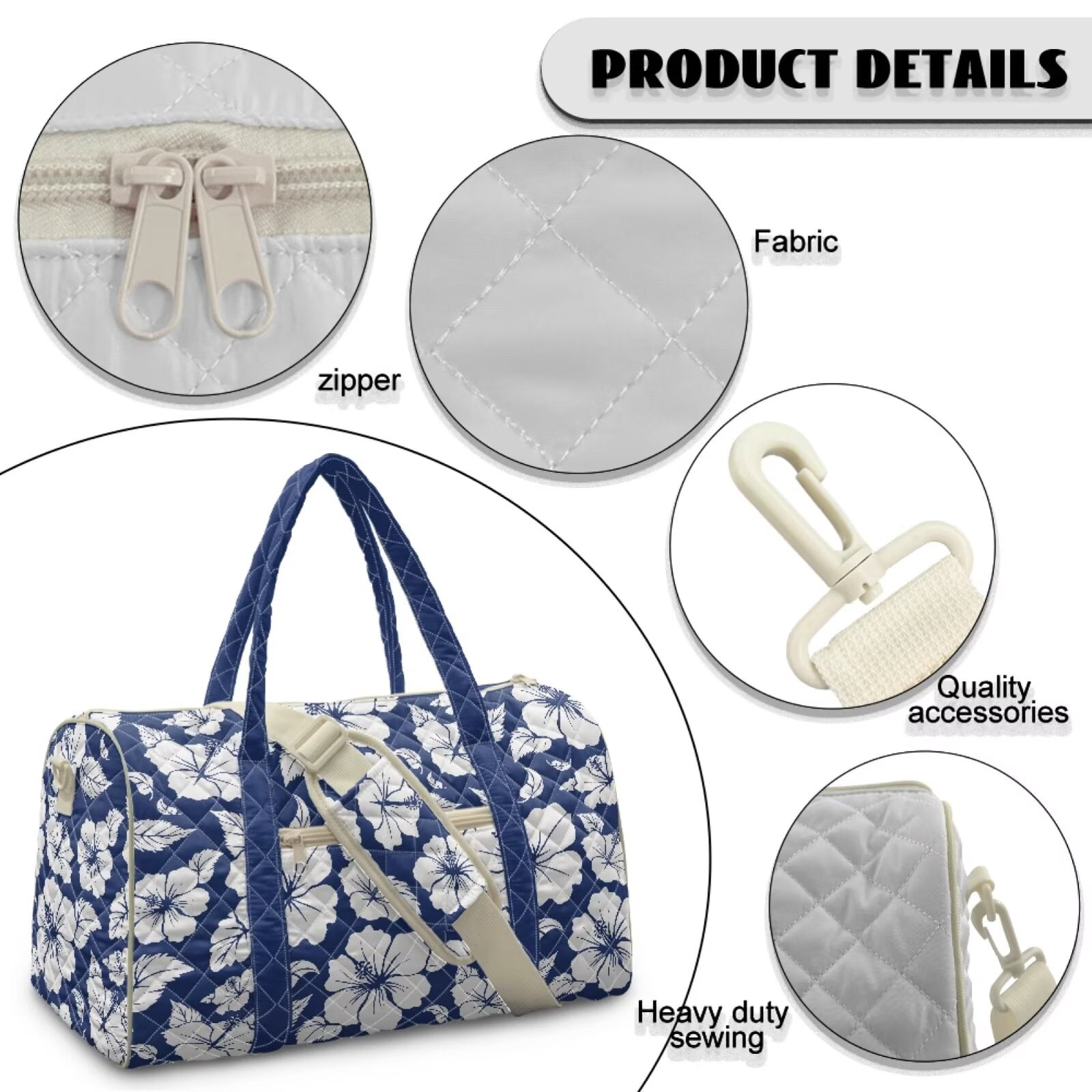 Chririnla Blue Hibiscus Print Modern Gym Bag Soft Duffle for Women with Quilting Design & Multi-Pockets Easily Portable Fitness Luggage Fits Exercise