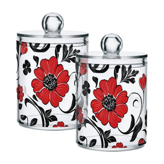Red Flowers Black Leaves Translucent Plastic Cans Storage Canisters with Lid Set of 2