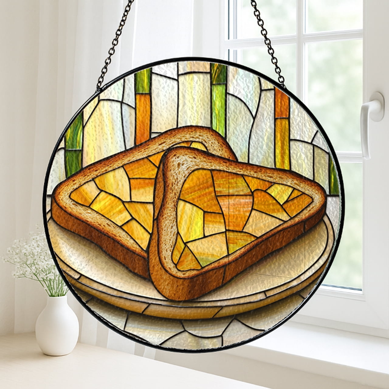 Warm Toast Window Panel, Faux Stained Glass Breakfast Design for Kitchen and Home Accent Decoration