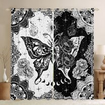 Homewish Gothic Skull Butterfly Blackout Curtains Set of 2 (52x84 Each),Boho Bohemain Print Window Curtains,White Black Gray Curtains and Drapes For Girls Teens,Luxury Bedroom Decor
