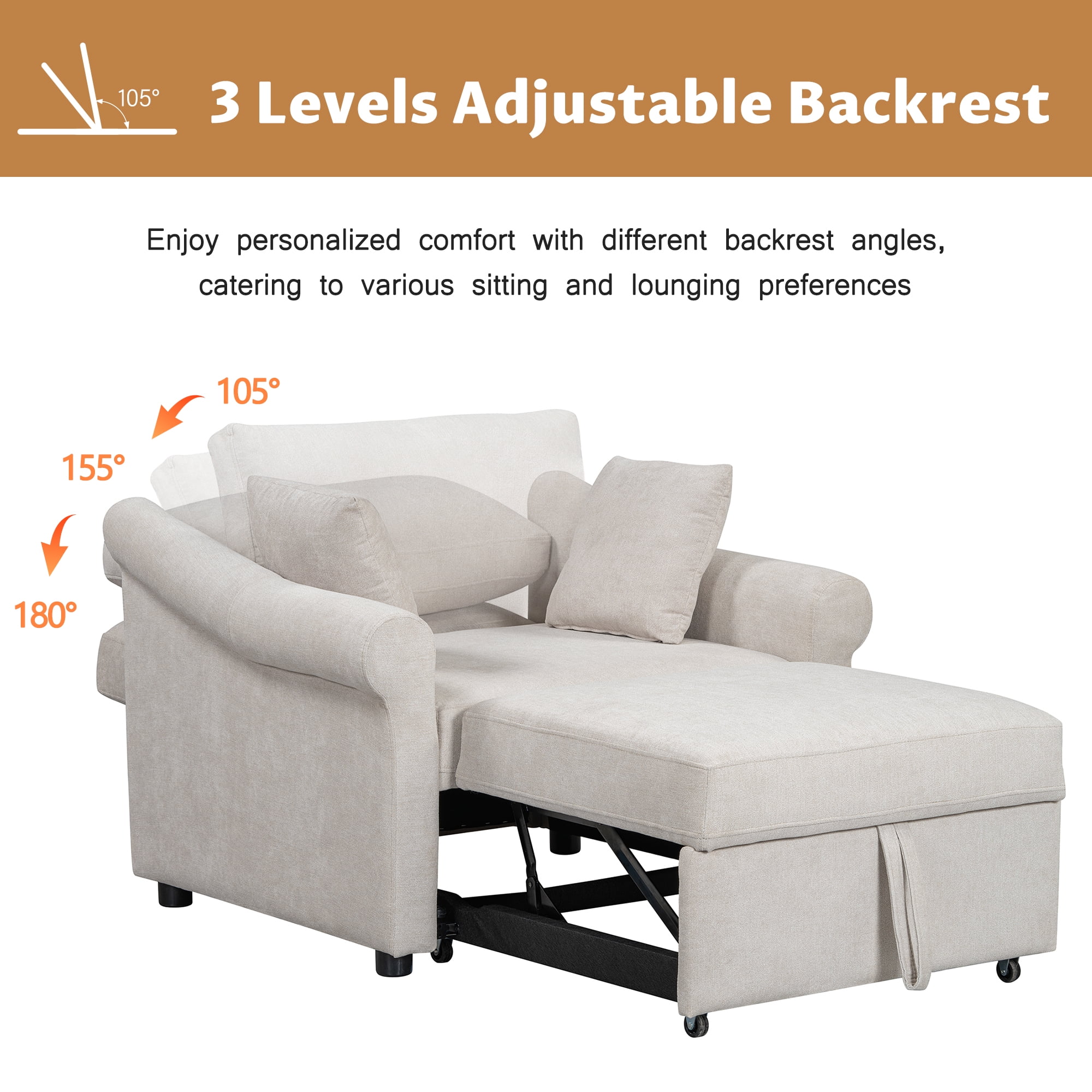 Euroco Chenille Convertible Sleeper Chair with Adjustable Backrest, 3 IN 1 Lounger Chair Turns Into Bed, Single Bed for Living Room, Beige
