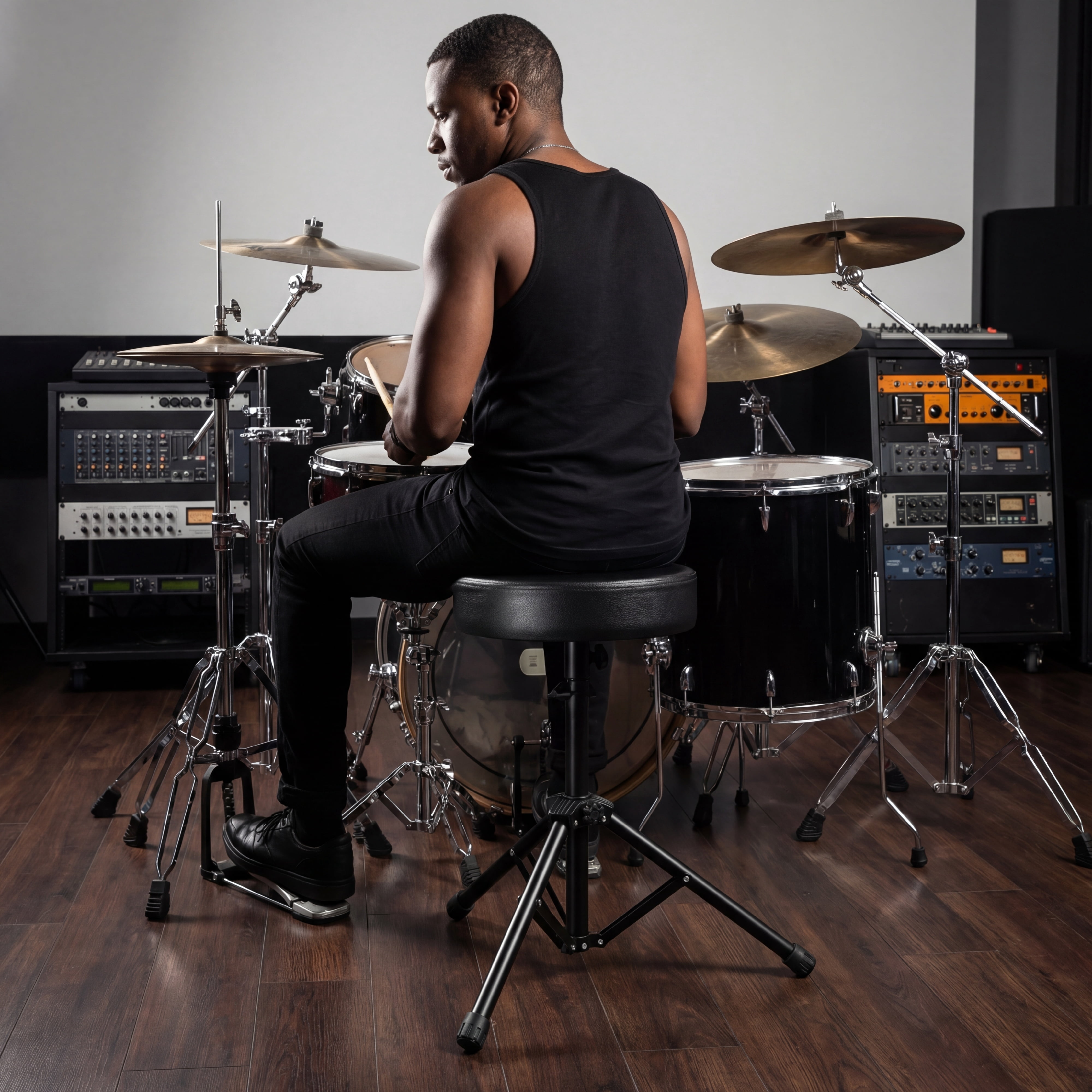 Olakula Drum Stool,Height-Adjustable,Padded, with Non-Slip Feet.(Black）