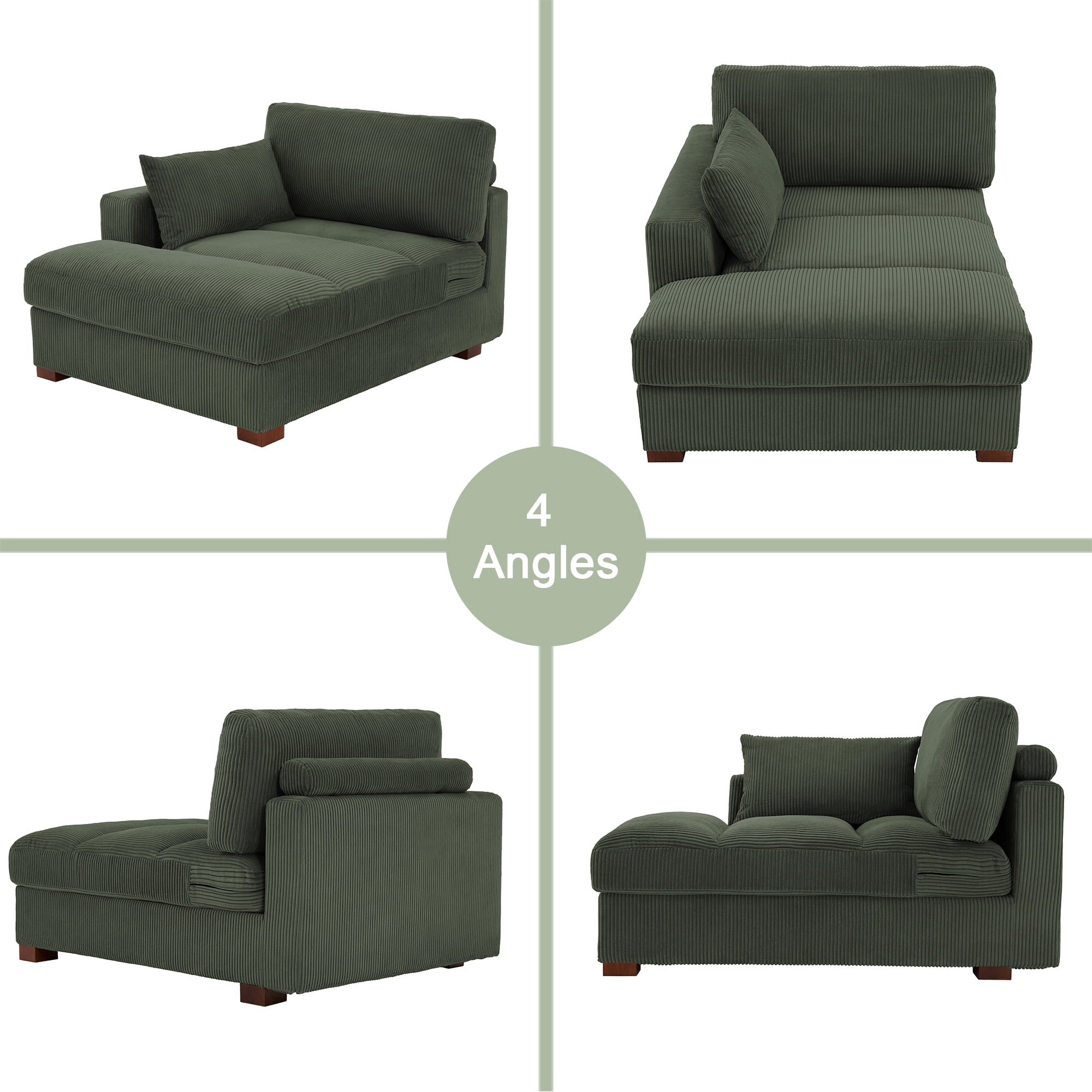 UIXE Chaise Lounge Indoor Upholstered Corduroy Sofa with Right Armrest for Living Room Bedroom, Green