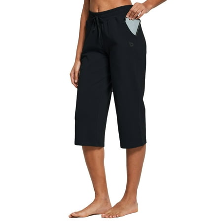 BALEAF Womens Pants Yoga Capris Training Work Running Joggers Casual Summer Cotton Pants with Pocketed Black Size L