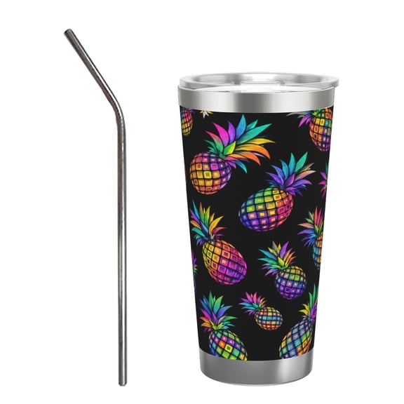 Neon Rainbow Pineapple 20oz Insulated Tumbler with Handle and Straw Travel Coffee Cup Car Cup Gift for Women with Stainless Steel Straw