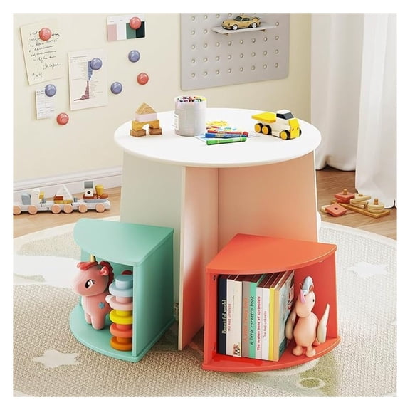 Kids Table and Chair Set with 4 Storage Stools, Round Wooden Children Multi-Activity Table with Nesting Design for Play/Art/Read, Toddler Table and Chairs Set for Playroom, Nursery, Home