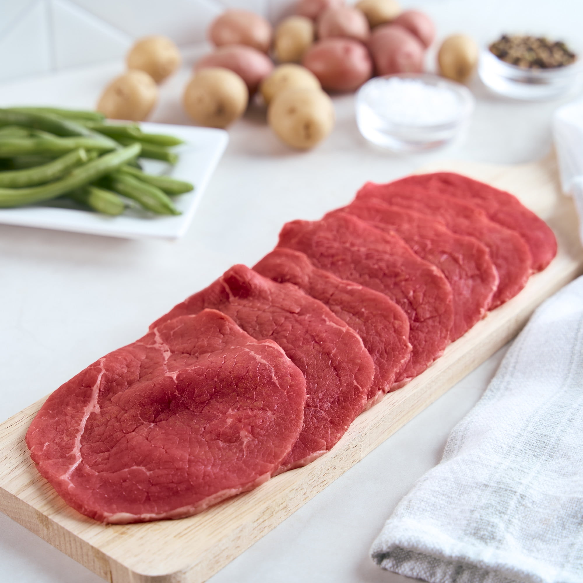 Thin Sliced Eye of Round Beef Steak, 7- 8 per Tray, Fresh, 0.56 - 1.75 lb