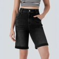 thumbnail image 5 of Yifymode Women's High Waisted Stretchy Bermuda Jean Shorts, Loose Straight Leg Rolled Hem Denim Shorts,Black L, 5 of 5