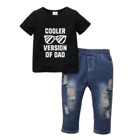 

Kucnuzki 18 Months Baby boy Summer Outfits Pants Sets 24 Months Short Sleeve Carton Letter Prints Cozy Tops Elastic Ripped Denim Pants 2PCS Set Black