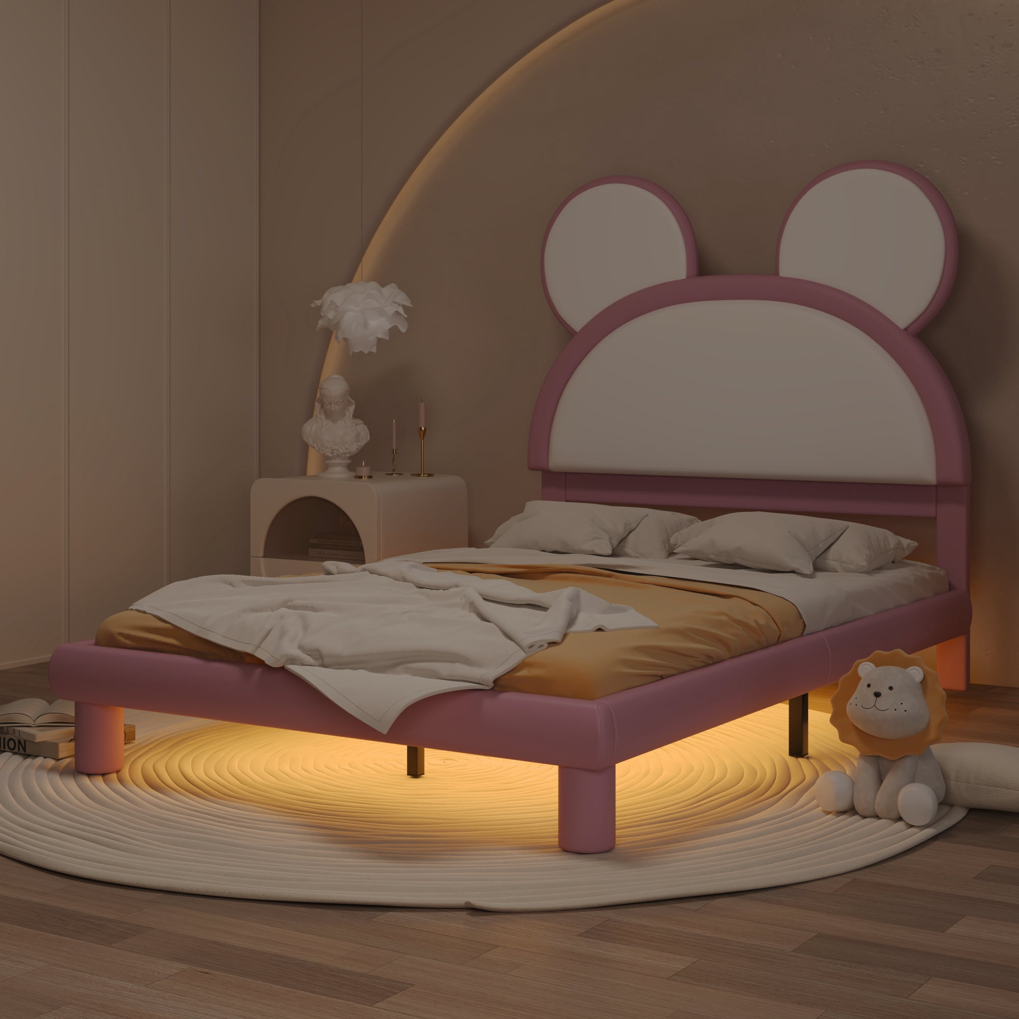 EUROCO Upholstered Full Size Platform Bed with LED Light, PU Leather Cartoon Bed for Kids Teens, Pink