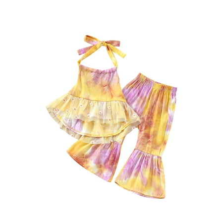 

Yinyinxull Kids Infant Baby Girls Tie-dye Clothing Sets Lace Halter Tops+Flare Pants 2pcs Summer Outfits Yellow 3-4 Years