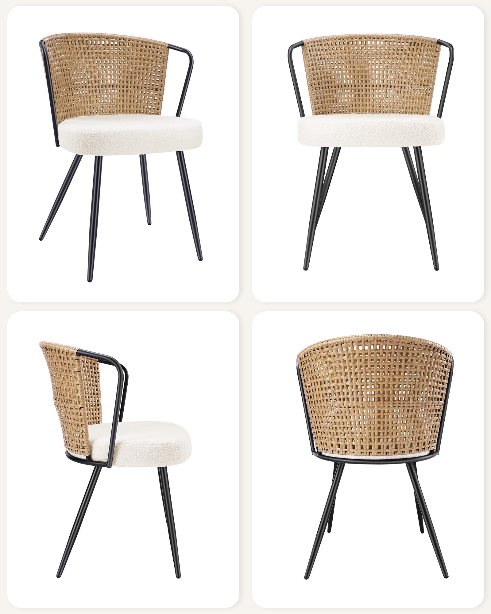 Sailvan Dining Chair Set of 2, Accent Rattan Dining Room Chairs, Modern Kitchen Chairs with Lamb Fleece Cushion, Mid Century Style Living Room Chairs, Easy Assembly, Brown
