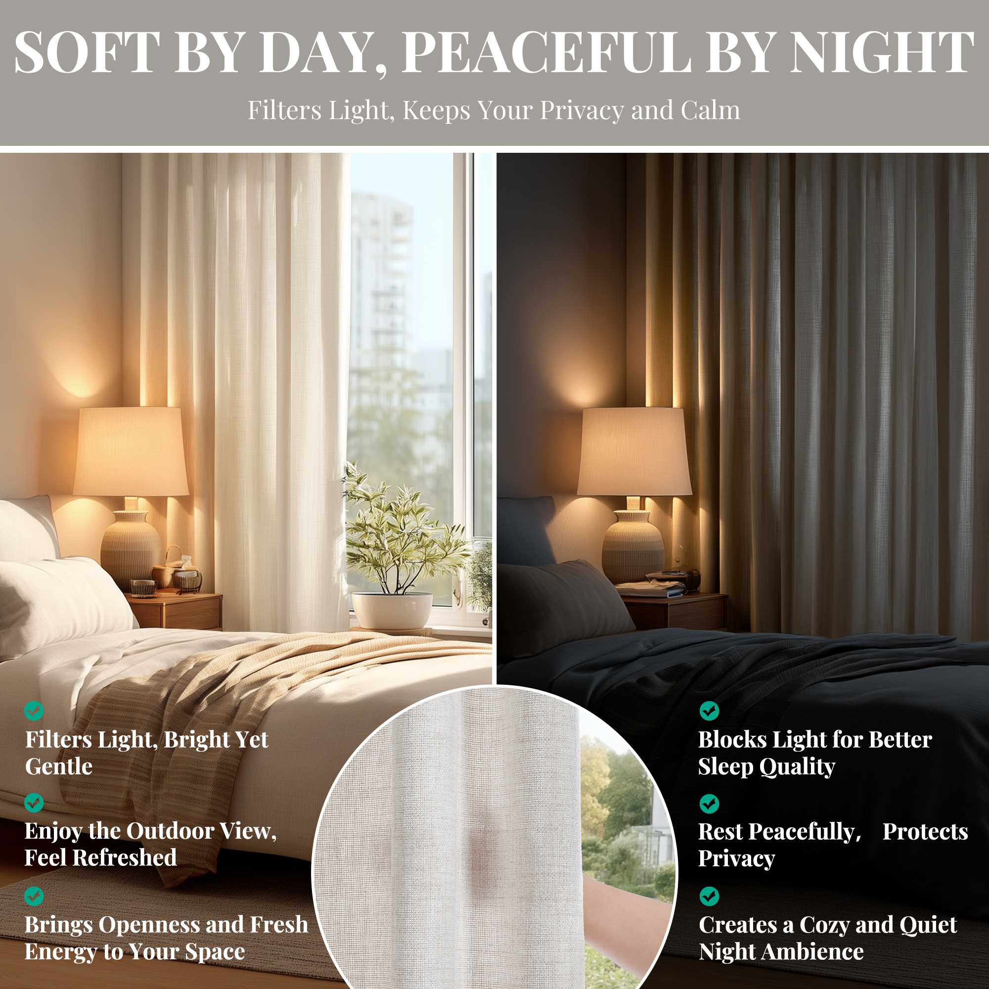 ZOPZO Soft Linen-Texture Sheer Curtain, 52W x 84L Inch, Beige, No Tiebacks, Light Filtering Window Panel, Set of 2
