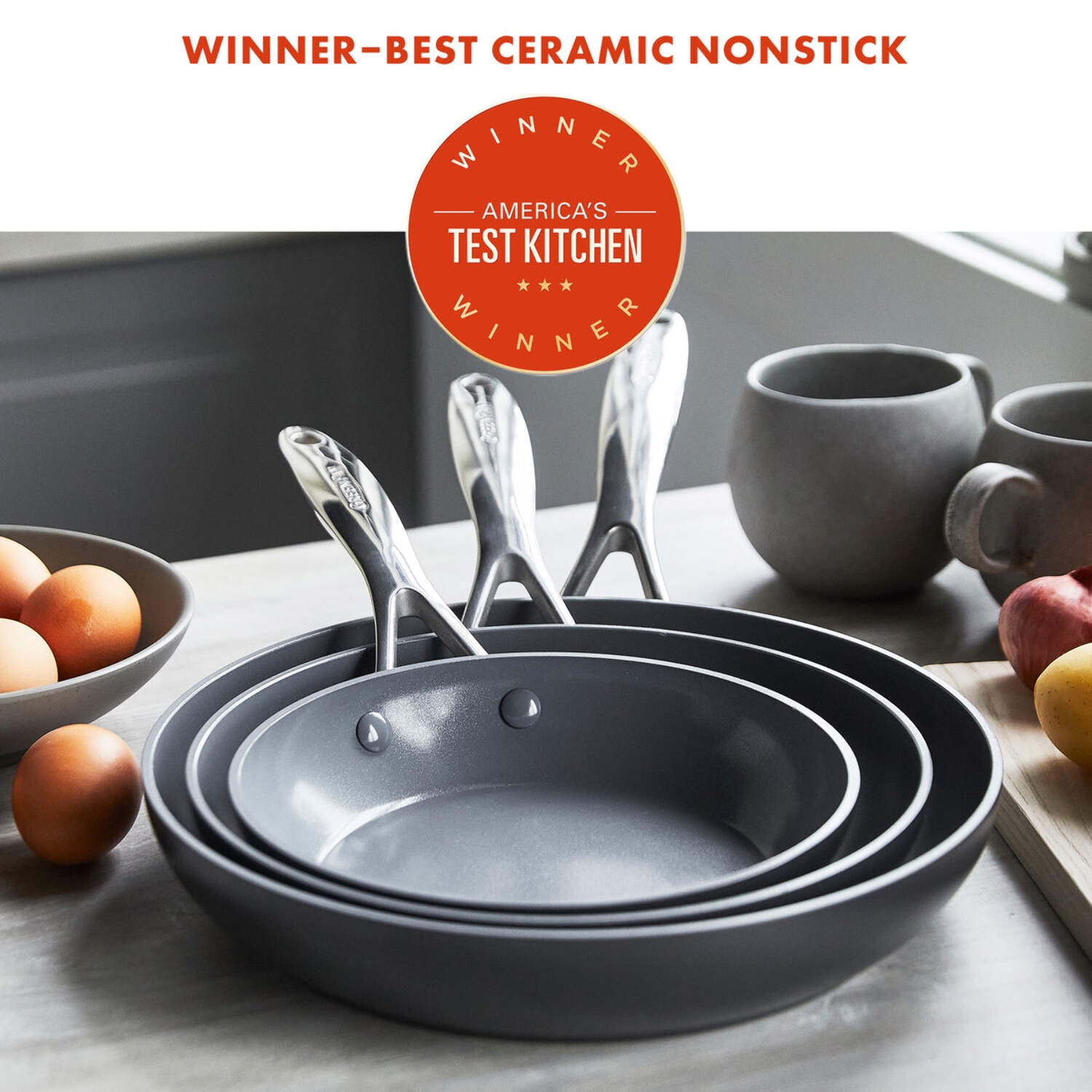 GreenPan Ceramic Fry Pan Set Nonstick Hard Anodized Aluminum Stainless Steel Gray, 8; 9.5; 11