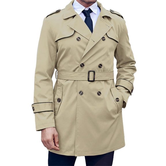 LANGWYQU Double Breasted Men Solid Color Button Trenchcoat Male Lapel Waterproof Jacket Coat