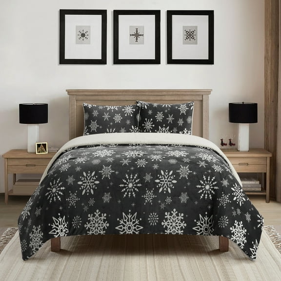 Lanco Snowflakes 3 Piece Comforter Set with Sherpa Reverse, Bed Size: King, Flannel Print, Flakes, Black/White