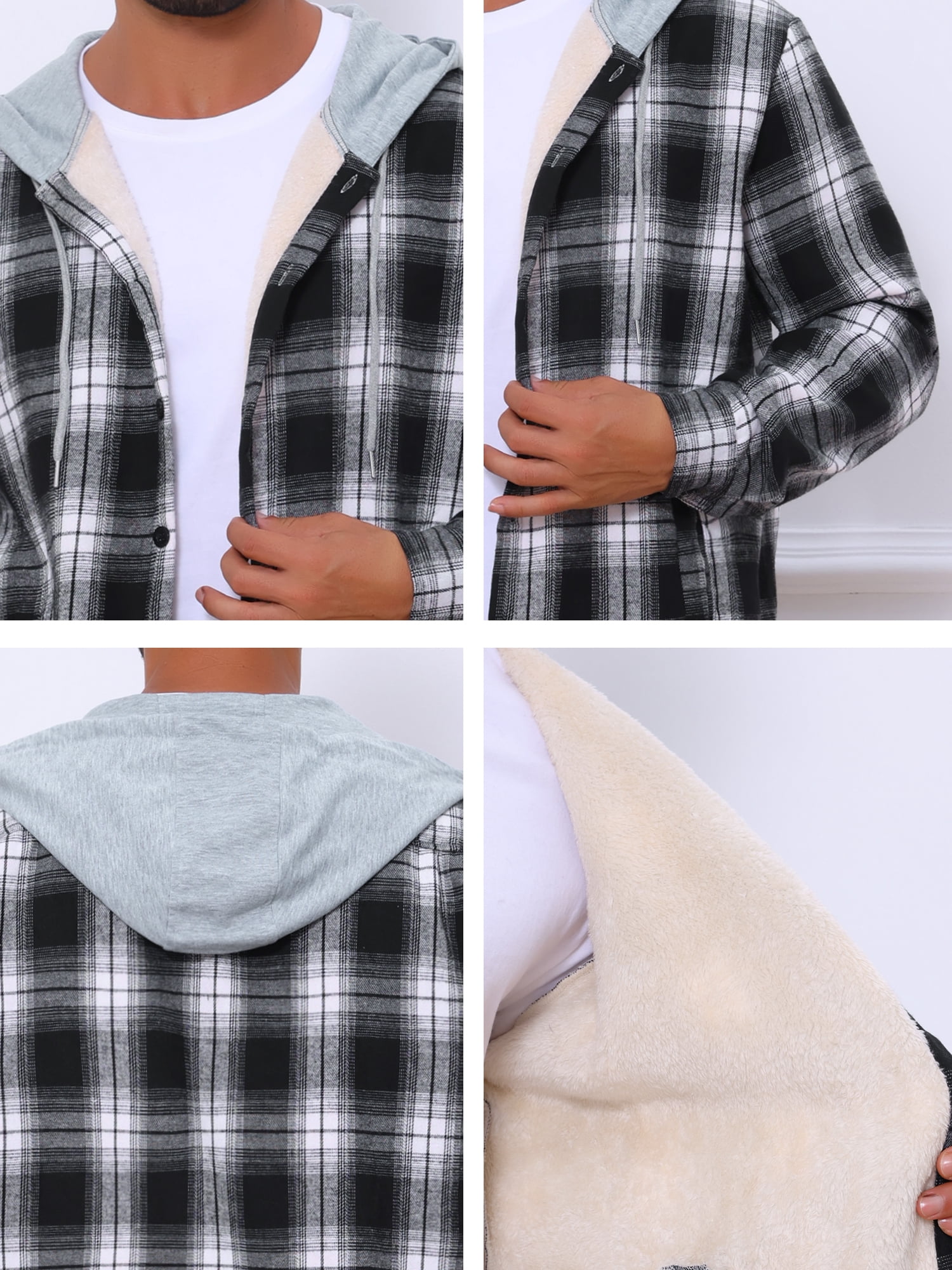 DARING DIVA Men's Fleece Lining Drawstring Hooded Plaid Shirt Jacket XL Black White