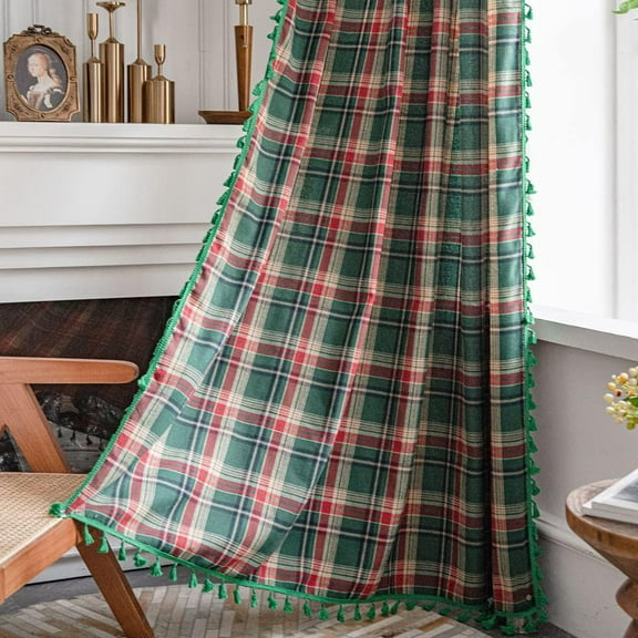 XmhyTop Cotton Linen Tartan Curtains with Tassels Christmas Plaid Window Drapes Rod Pocket(Green,59"x110")