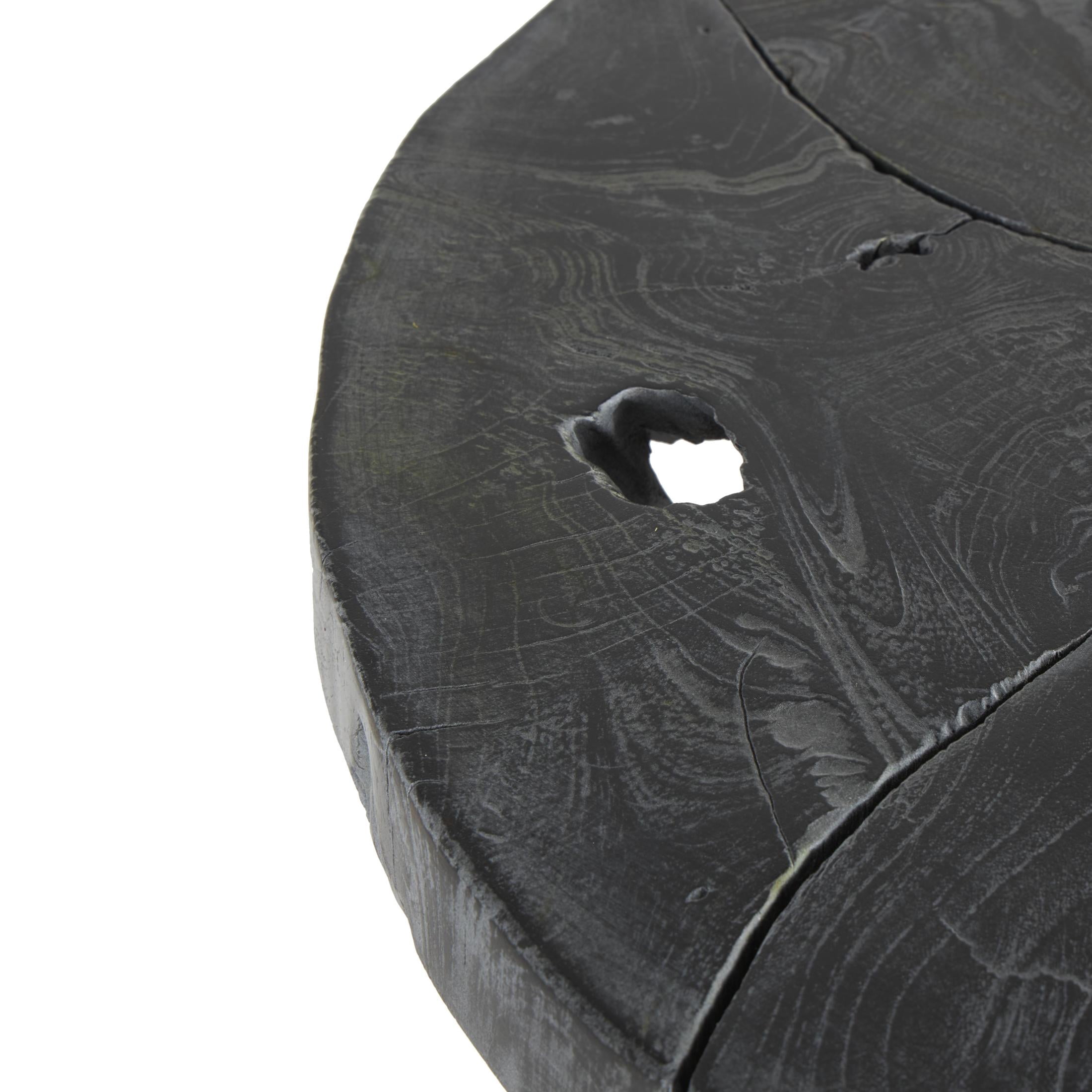 DecMode 24" x 22" Black Teak Wood Handmade Live Edge Geometric Accent Table with Black Metal Base, 1-Piece