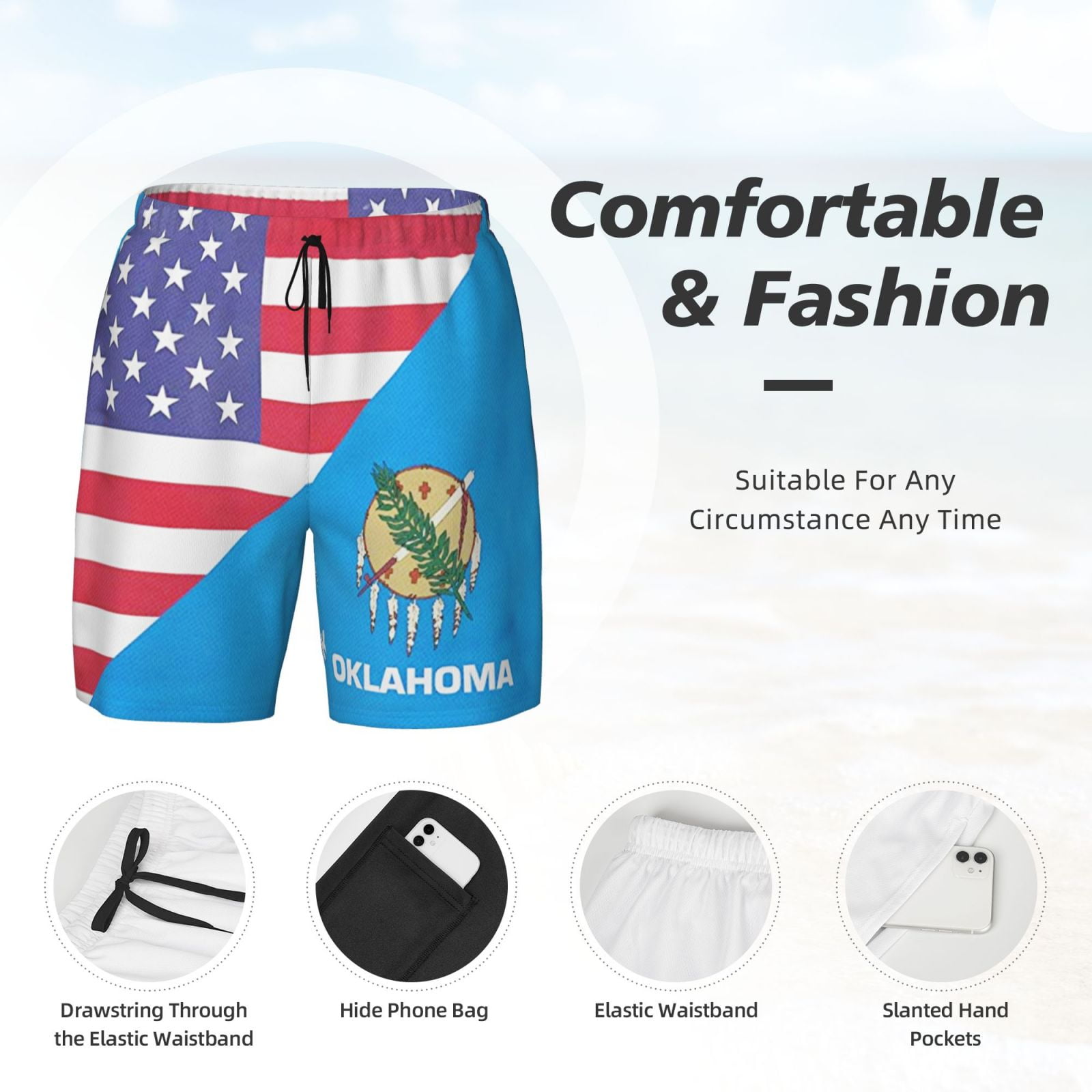 Men's America Oklahoma Flag Swim Trunks with Compression Liner Bathing Suit Swimwear