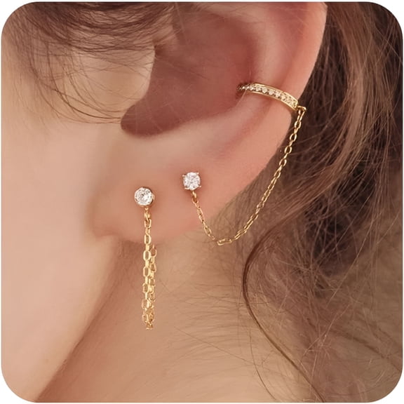 DESIGNICE Ear Cuff Chain Earrings for Women Trendy, 14K Gold Plated Minimalist Chain Studs Earrings for Women Hypoallergenic Lightweight Stackable Earrings for Women Gift Jewelry