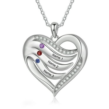 Mementos Personalized Sterling Silver Heart Family Necklace for Women(Mom) with 3 Birthstones Names