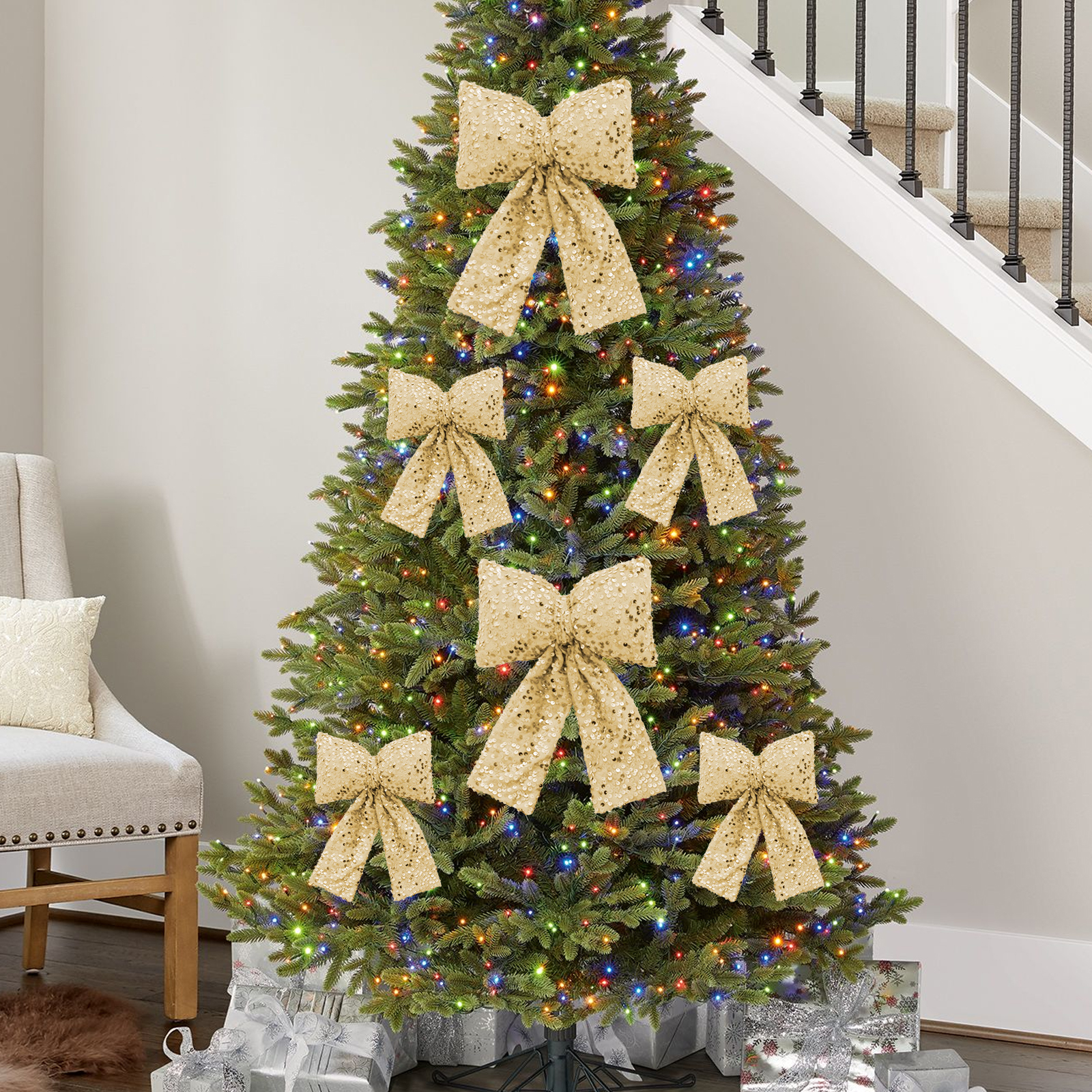 DIYMAG 12 Pcs Christmas Tree Bow Decoration Glitter Bows Christmas Bow, Sequine Bows for Christmas Party Decoration (Gold)