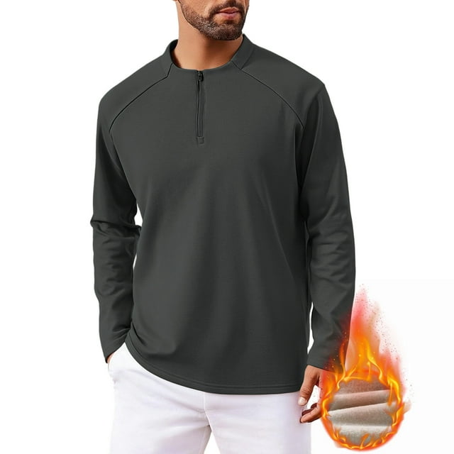 MeetoTime Mens Zipper Fleece Long Sleeved Shirts Fashionable Solid Color Stand-up Collar Bottoming Shirt