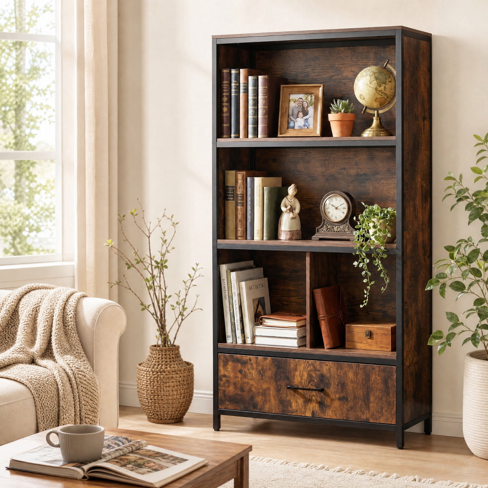 Furnibear 56" Tall Freestanding Bookcase with Drawer 5 Tier-RusticBrown for Living Room Home Office Bedroom Display Storage Shelf, Coffee