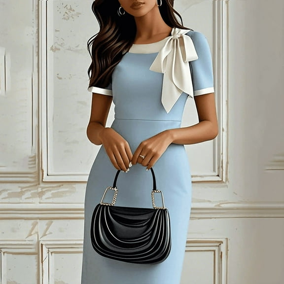 VIWORLD Women's Round Neck Bow Contrast Color Bodycon Midi Short Sleeve Summer Party Dress for Weddings Blue S