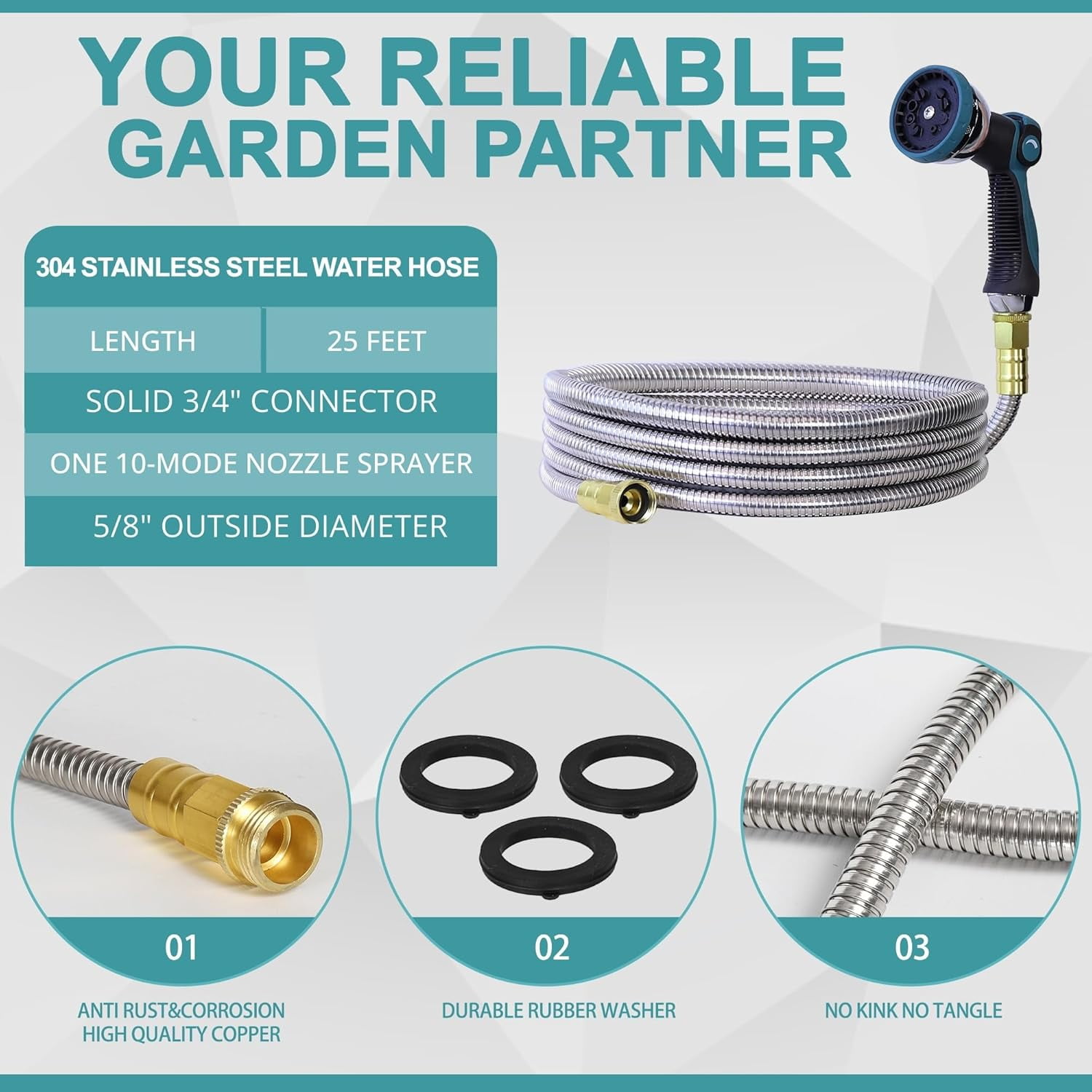 25FT Garden Hose, Stainless Steel Water Hose Flexible with a 10-Mode Nozzle Sprayer, No Kink, Lightweight, Puncture Proof, Ideal for Indoor & Outdoor Light Use, 5/8'' Outside Diameter